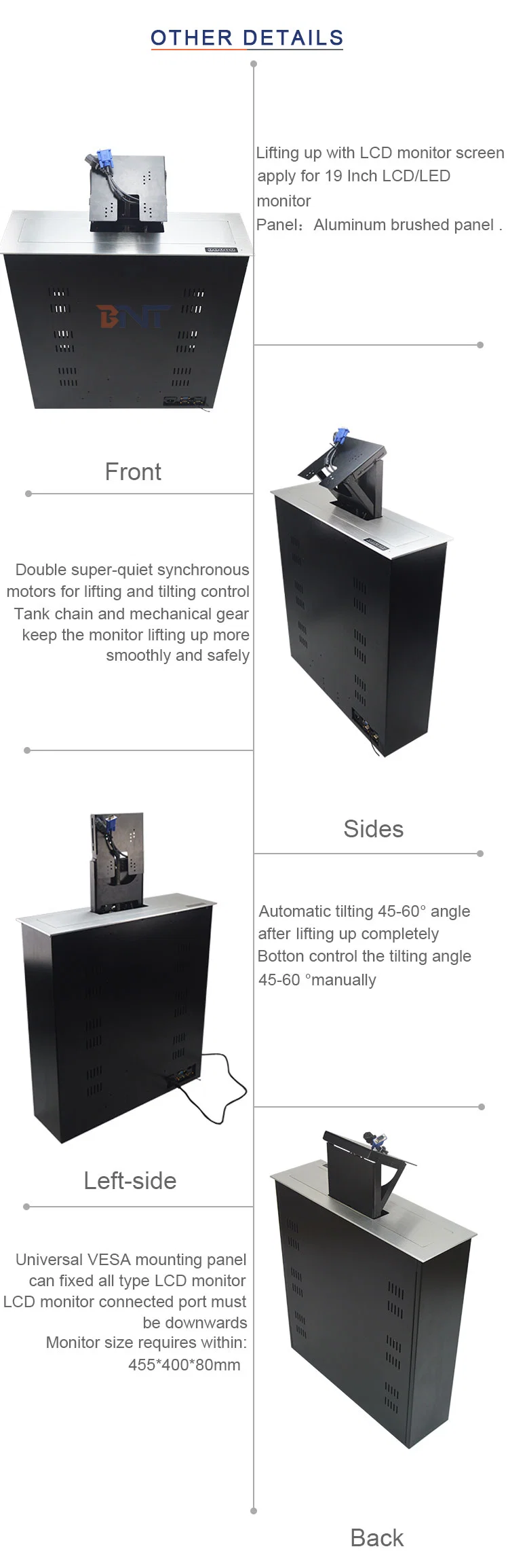 Customization Front Folding 0-60 Degree LCD Monitor Motorized Lift for Conference System Solution