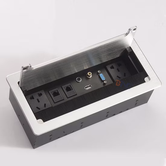 Prise multimédia rectangulaire rabattable et amortie pour table de conférence